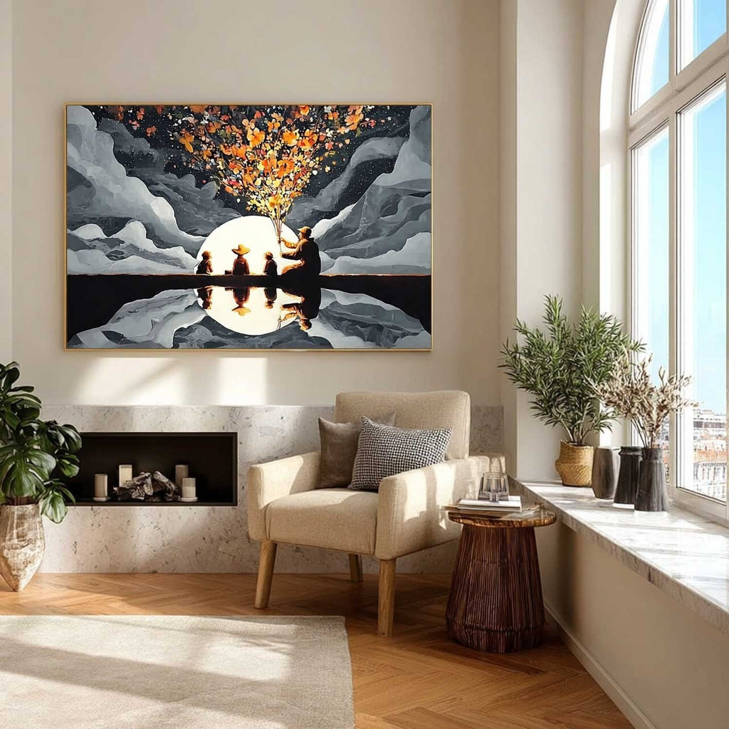 Family Silhouette Moon Art Oil Painting