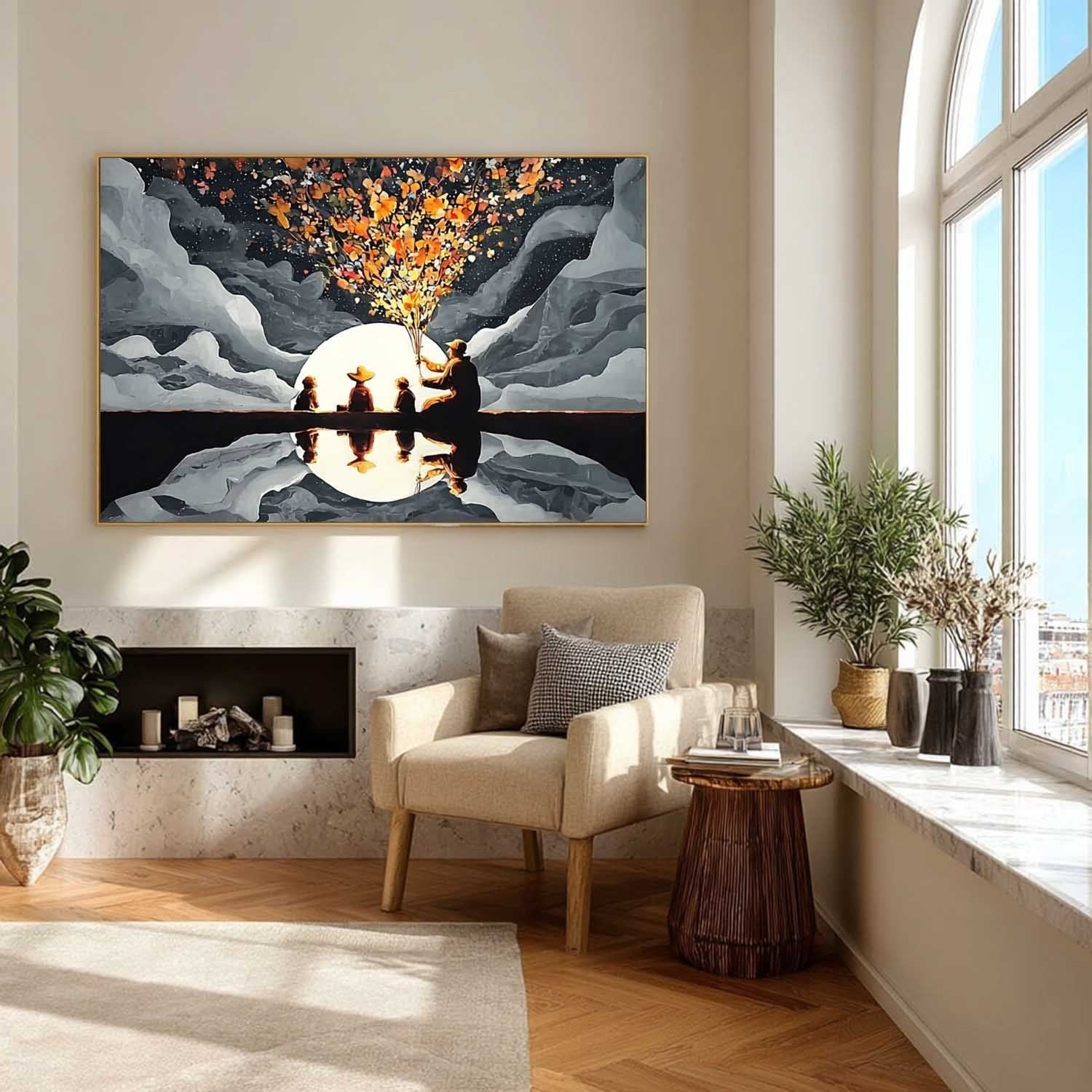 Family Silhouette Moon Art Oil Painting