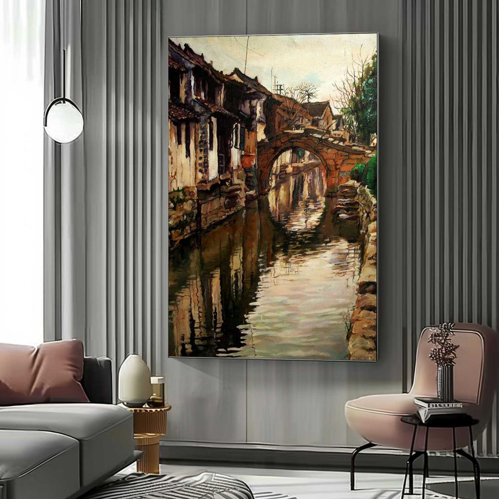 Hyperrealism Rustic Jiangnan Water Town Oil Painting