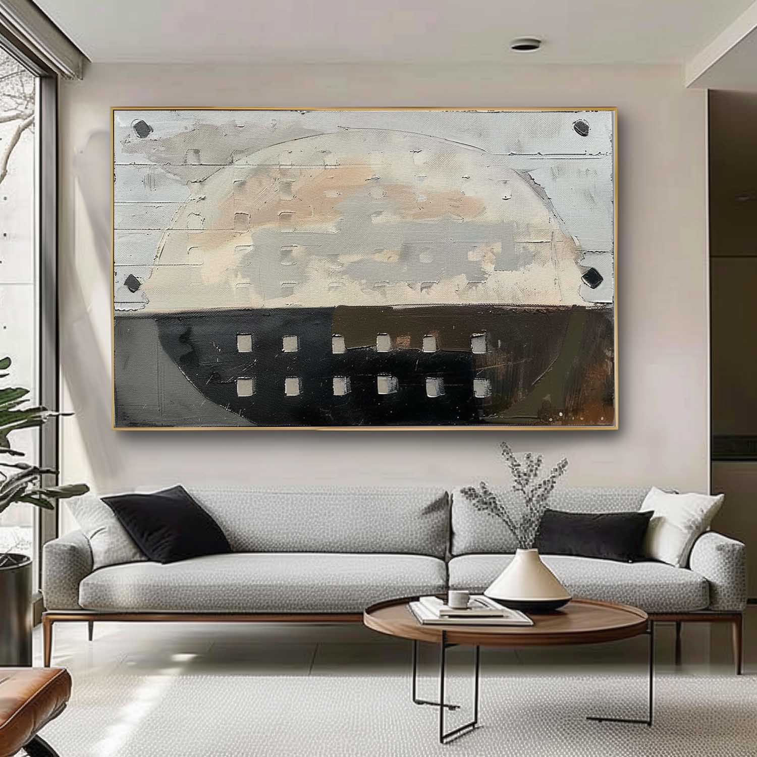 Dual-Tone Textured Half-Circle Oil Painting Geometric