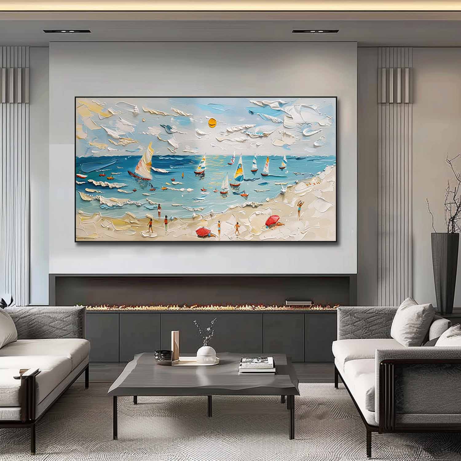 Tactile Coastal Beach Oil Painting Sailboats Bright