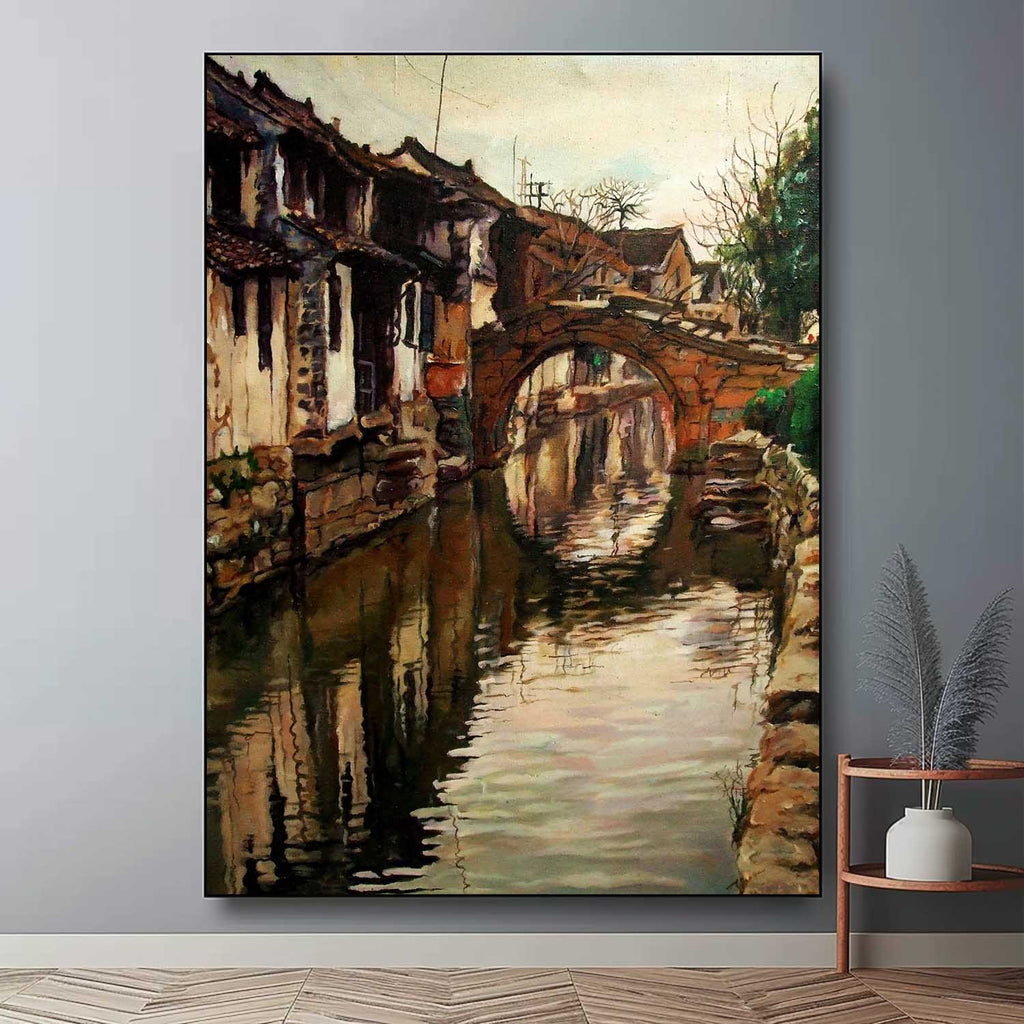 Hyperrealism Rustic Jiangnan Water Town Oil Painting