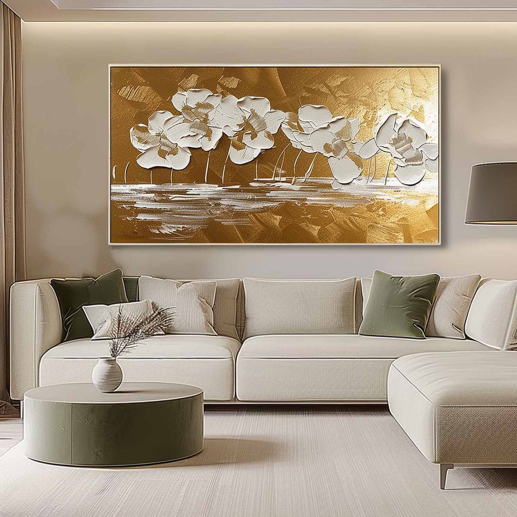 Gold & White Floral Impasto Painting