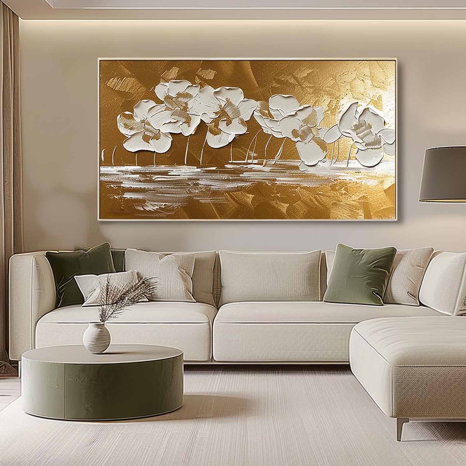 Gold & White Floral Impasto Painting