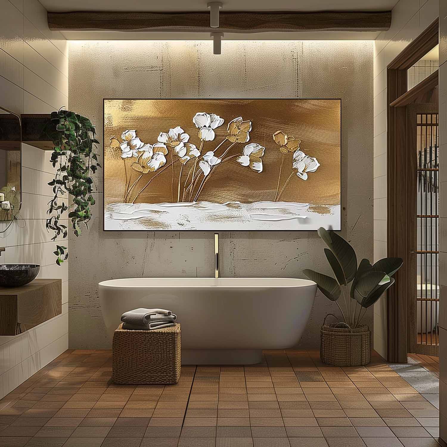 Textured Gold and White Floral Impasto Painting