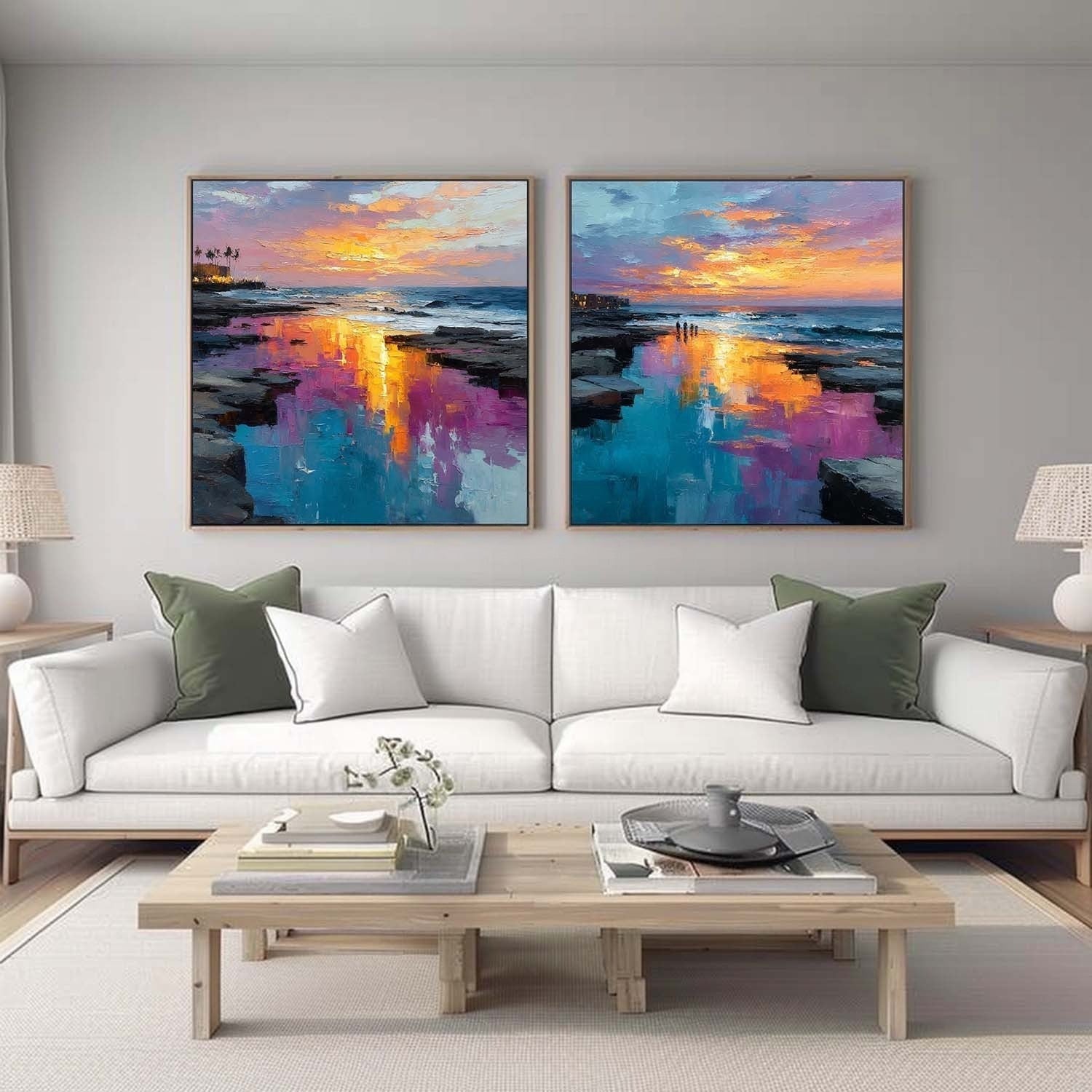 Coastal Sunset Diptych Impasto Painting