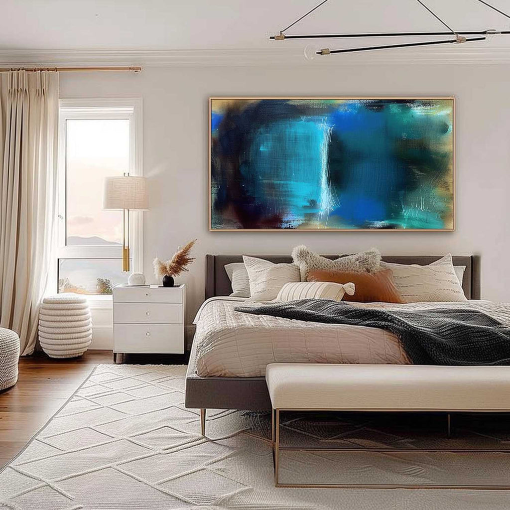 Teal Blue Abstract Oil Painting Textured Strokes