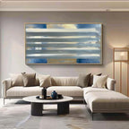 Gray Stripes Abstract Oil Painting Blue Gold Framed