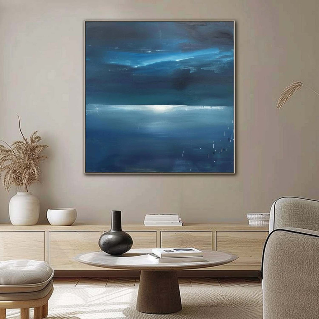 Nocturnal Coastal Landscape Painting Modern Blue Wall Art