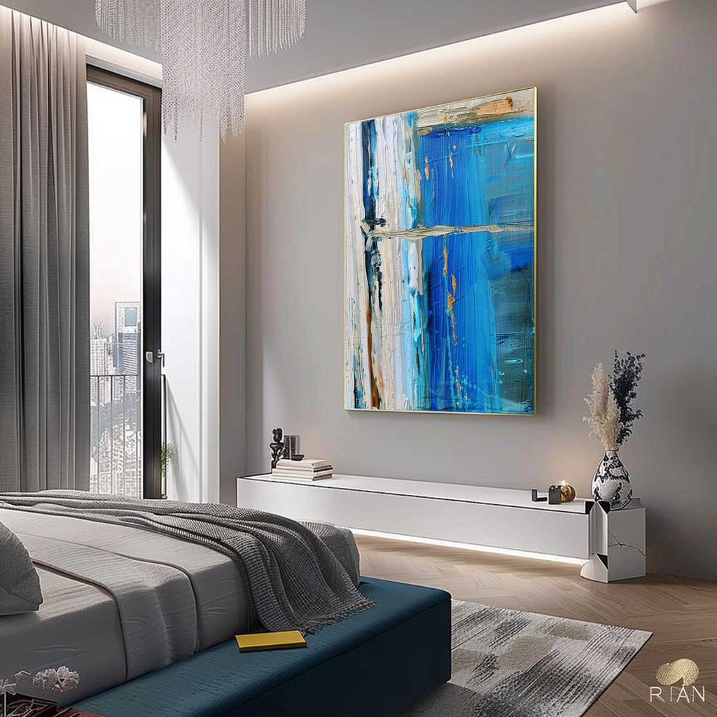 3D Textured Coastal Painting Blue White Modern Wall Art