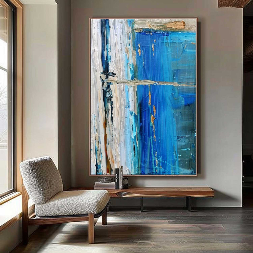 3D Textured Coastal Painting Blue White Modern Wall Art