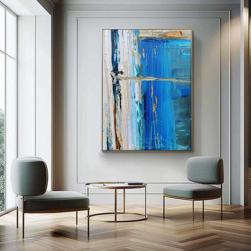 3D Textured Coastal Painting Blue White Modern Wall Art