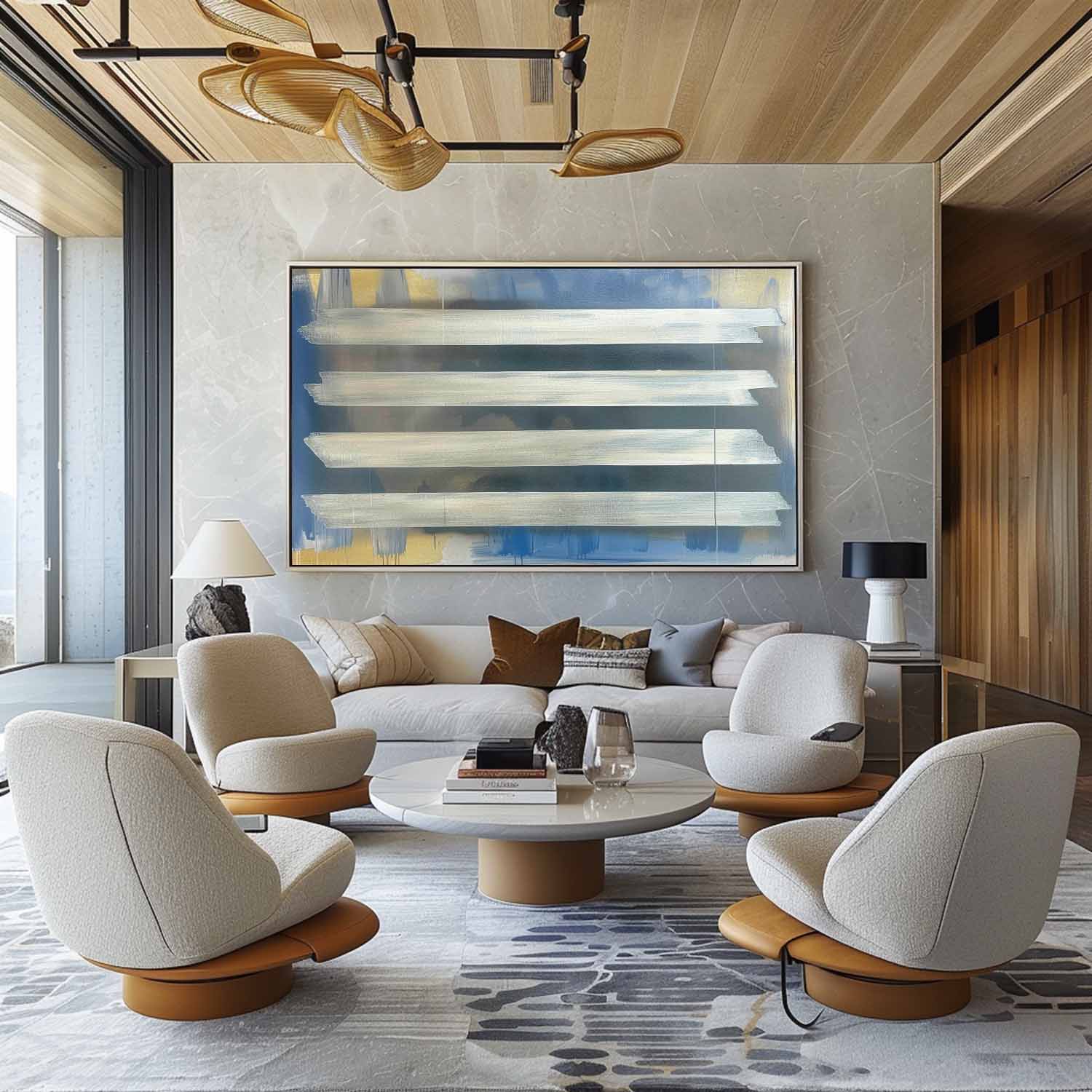 Silver Stripes Abstract Oil Painting Blue Gold