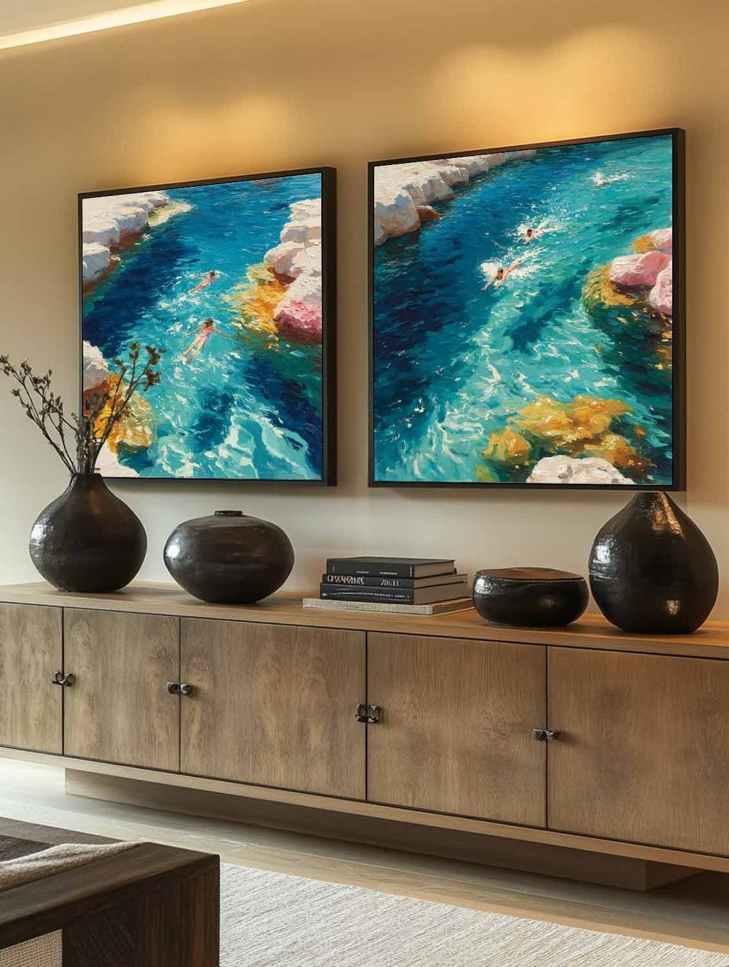 Snorkeling Cove Diptych Impasto Painting