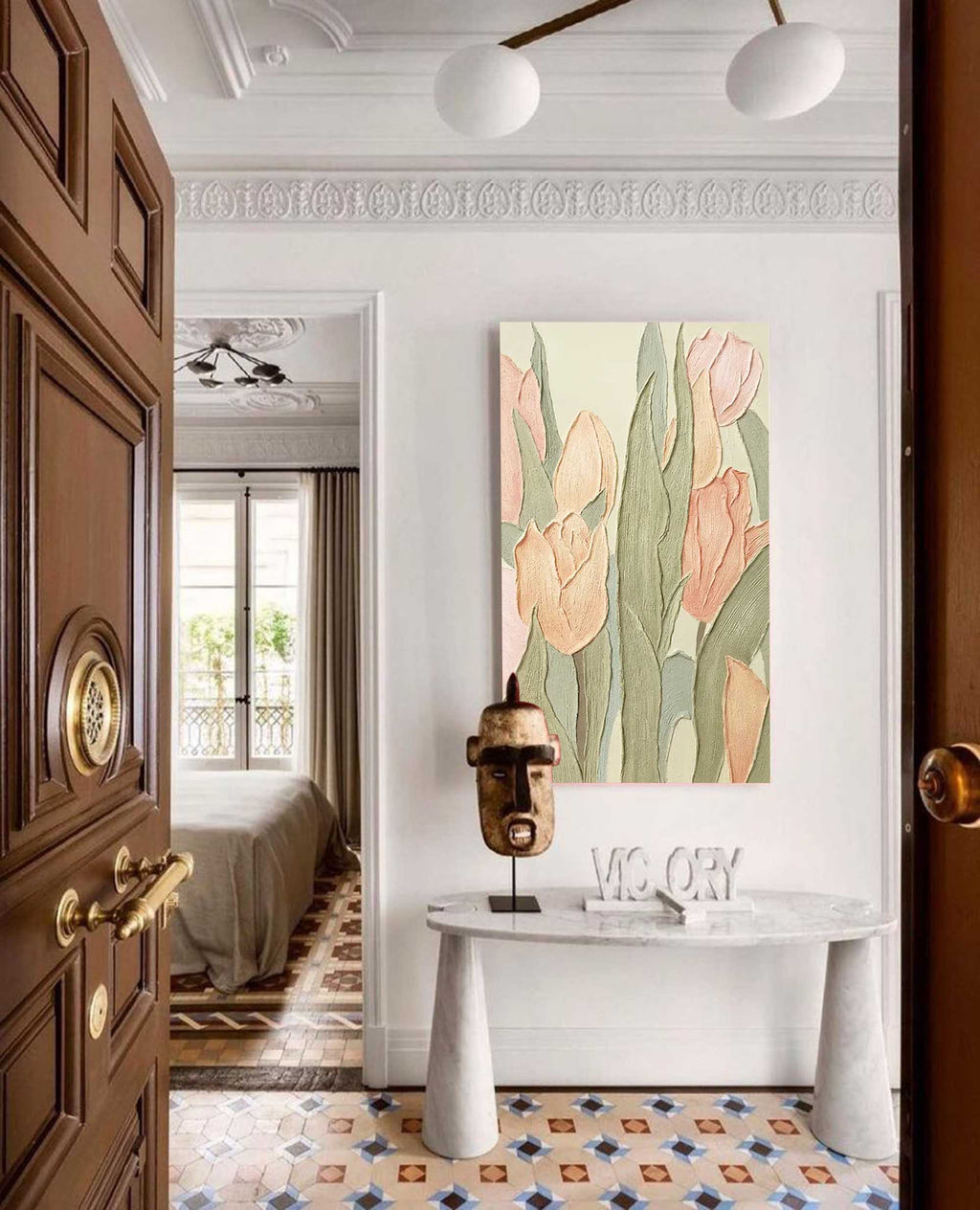 3D Impasto Tulip Field Soft Pink Modern Wall Art