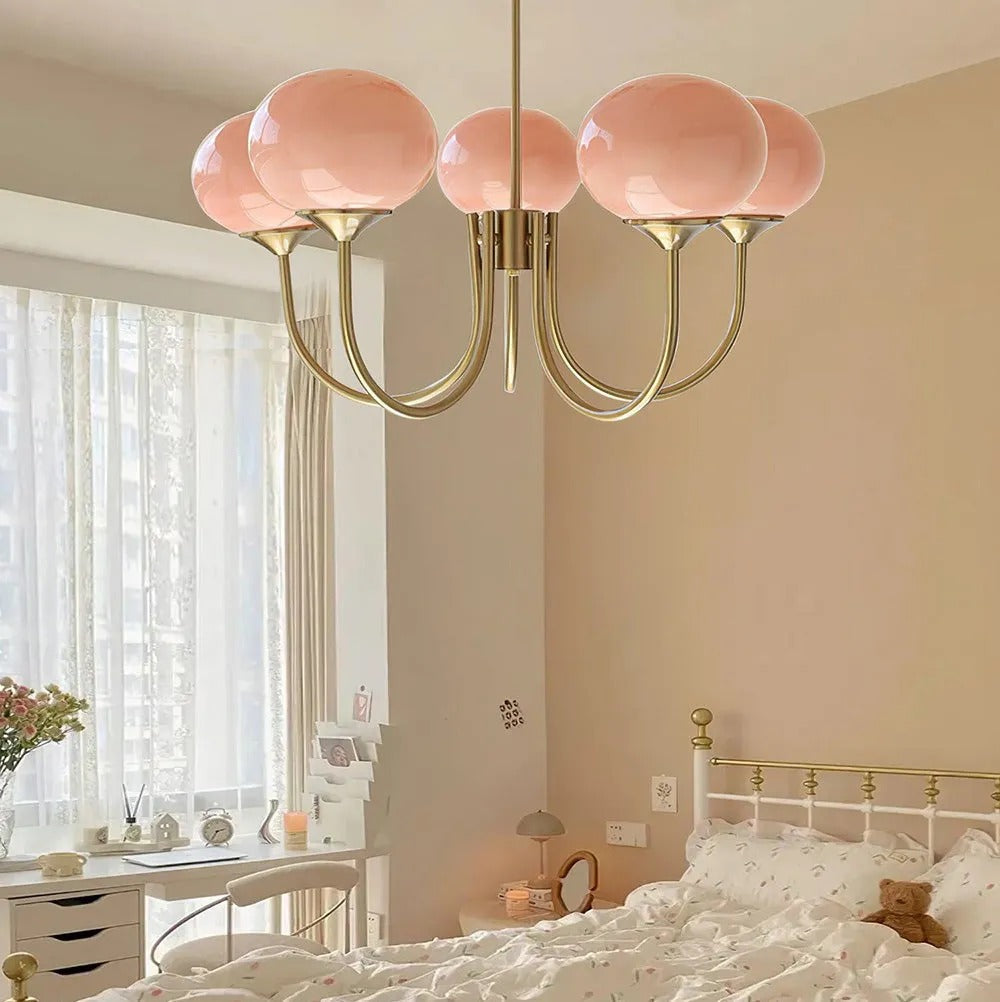 Valentina Retro Art Deco Globe Chandelier, White/Pink/Beige