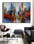 Vibrant City Skyline Reflection Abstract Painting