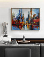Vibrant City Skyline Reflection Abstract Painting