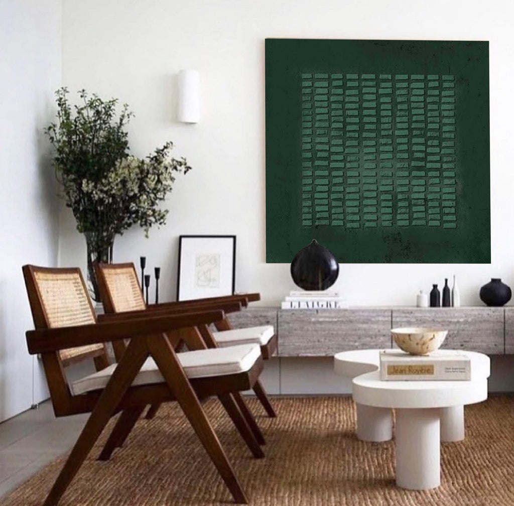 Wabi-Sabi Wall Art Dark Green Textured Grid Abstract Painting