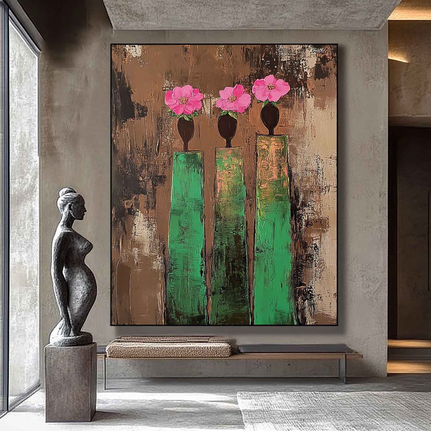 Textured Floral Green Pink Modern Wall Art