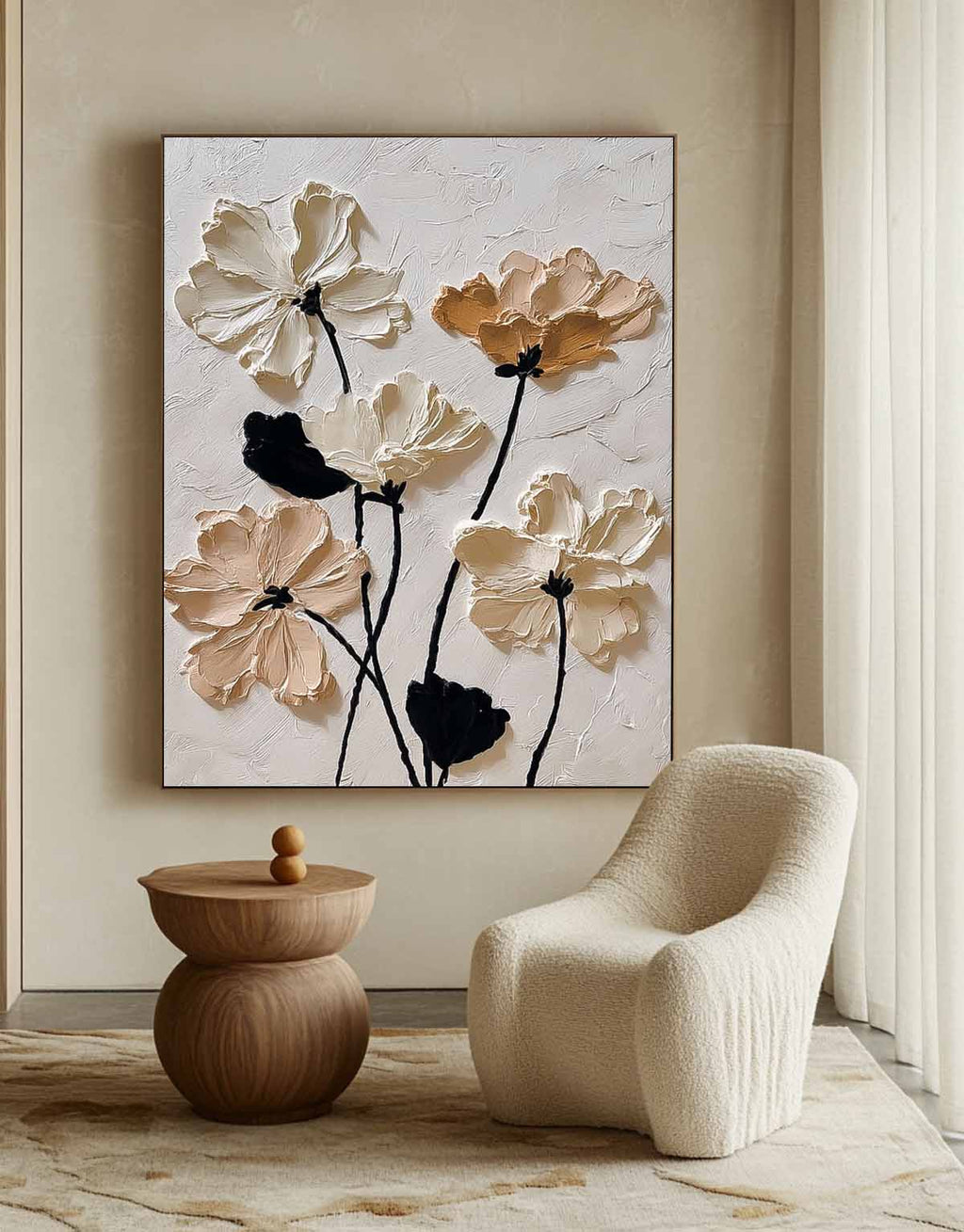 Neutral Impasto Floral Oil Painting 3D Texture