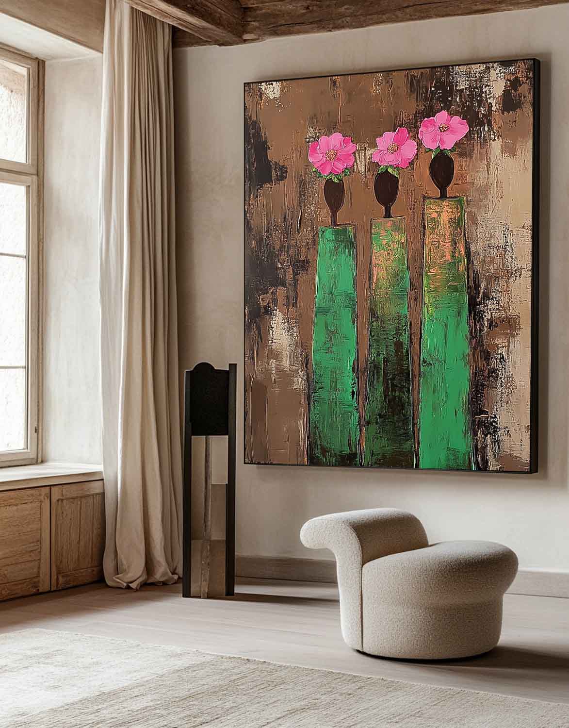 Textured Floral Green Pink Modern Wall Art