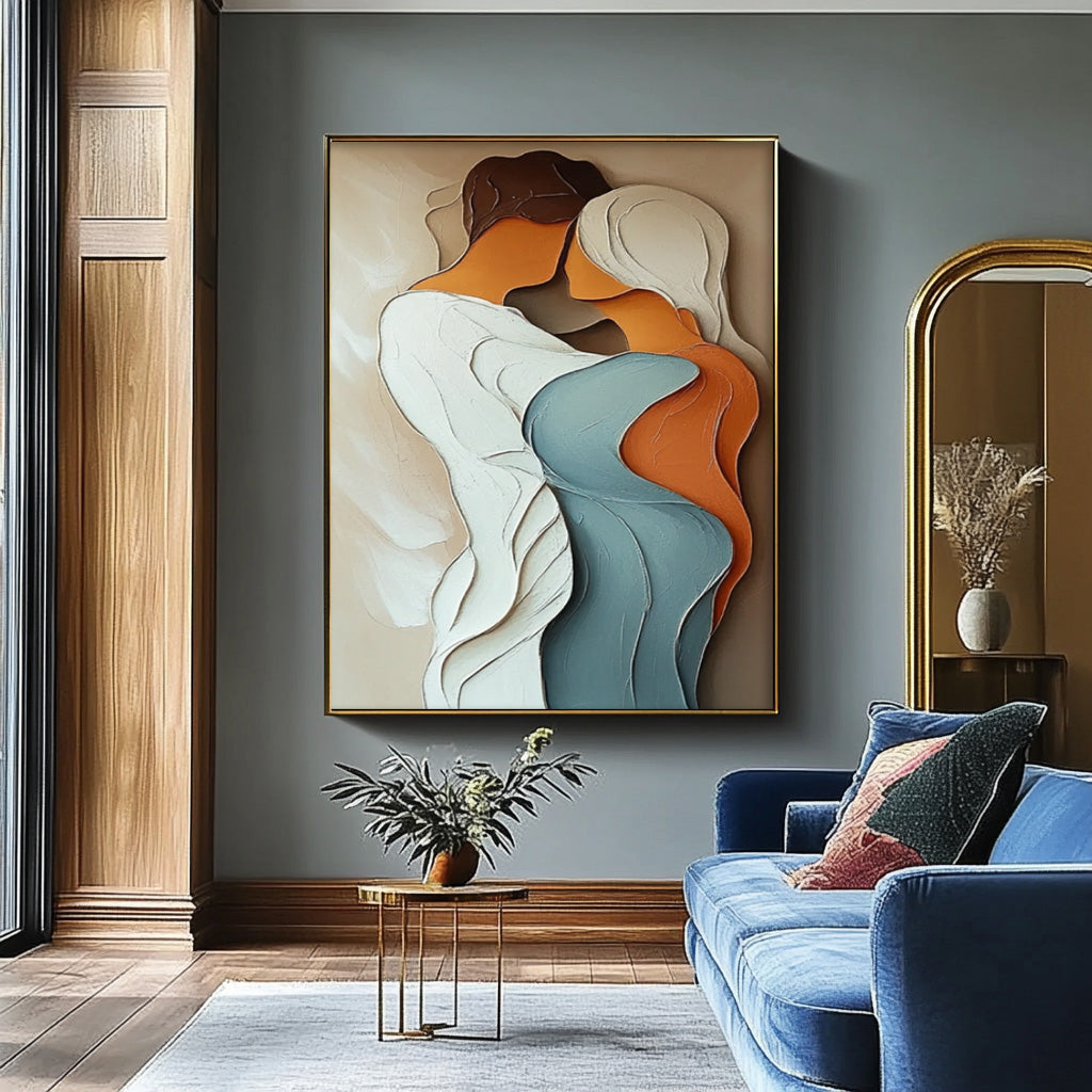 Intimate Couple Embrace Textured Oil Painting
