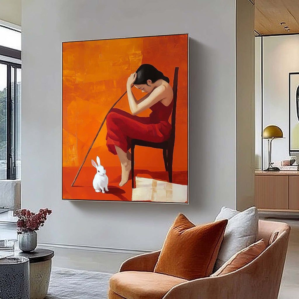 Contemplative Woman Red Dress Rabbit Oil Painting
