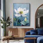 Serene White Lotus Oil Painting With Bee Accent