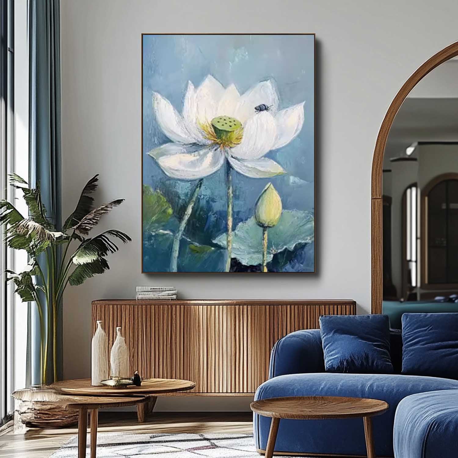 Serene White Lotus Oil Painting With Bee Accent