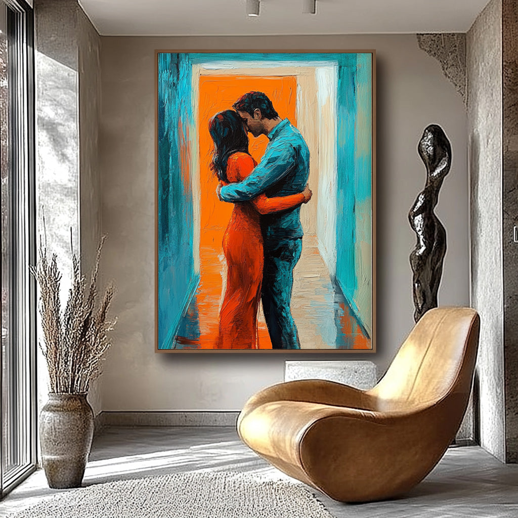 Impressionist Embrace in Doorway Painting Romantic