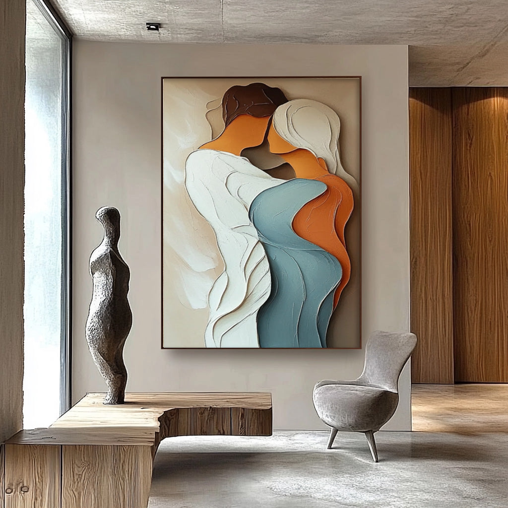 Intimate Couple Embrace Textured Oil Painting