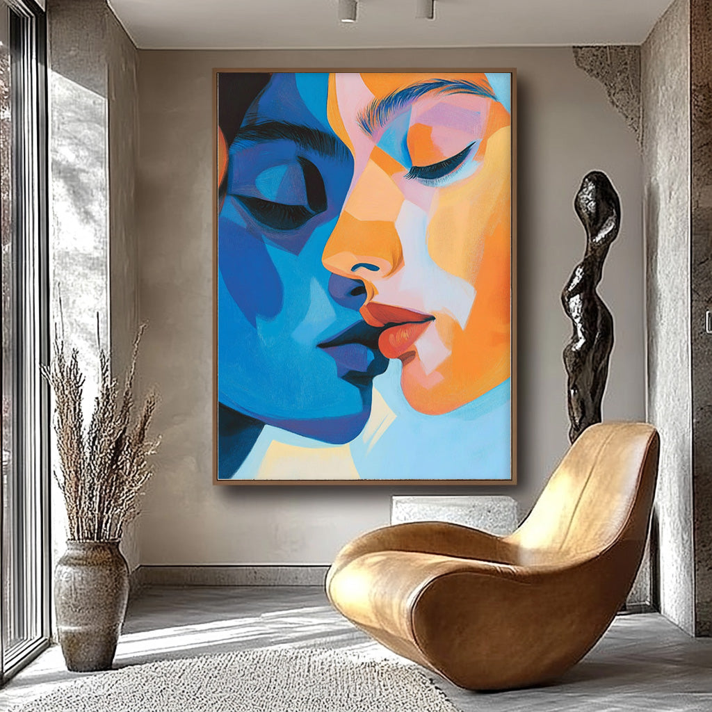 Cubist Color-Blocked Kiss Painting