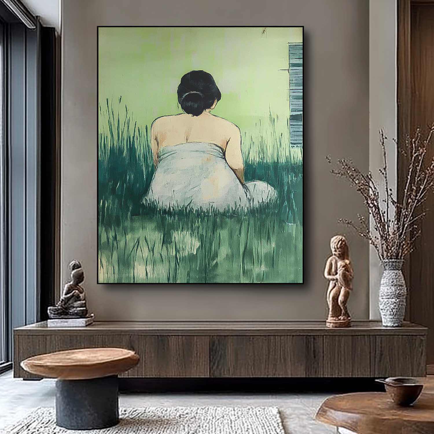 Serene Woman in Grass Minimalist Wall Decor