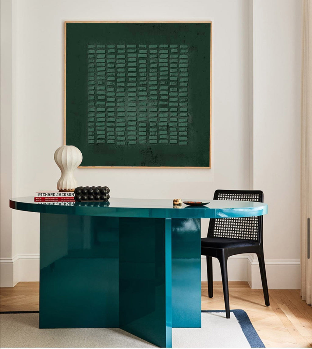 Wabi-Sabi Wall Art Dark Green Textured Grid Abstract Painting