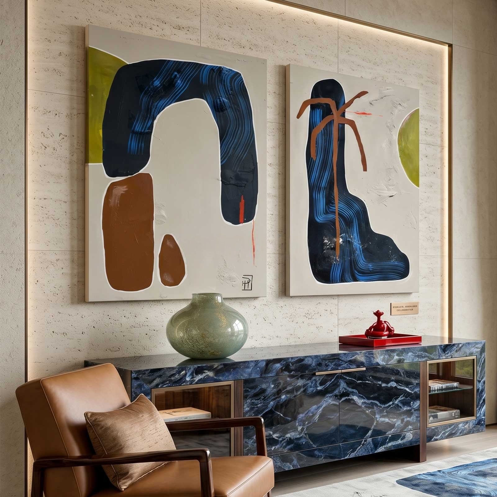 Set Of 2 Diptych Wall Art Set Blue Brown Organic