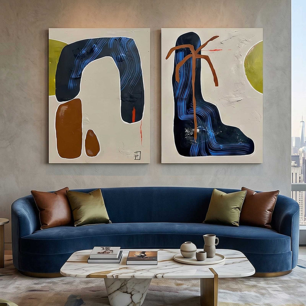 Set Of 2 Diptych Wall Art Set Blue Brown Organic
