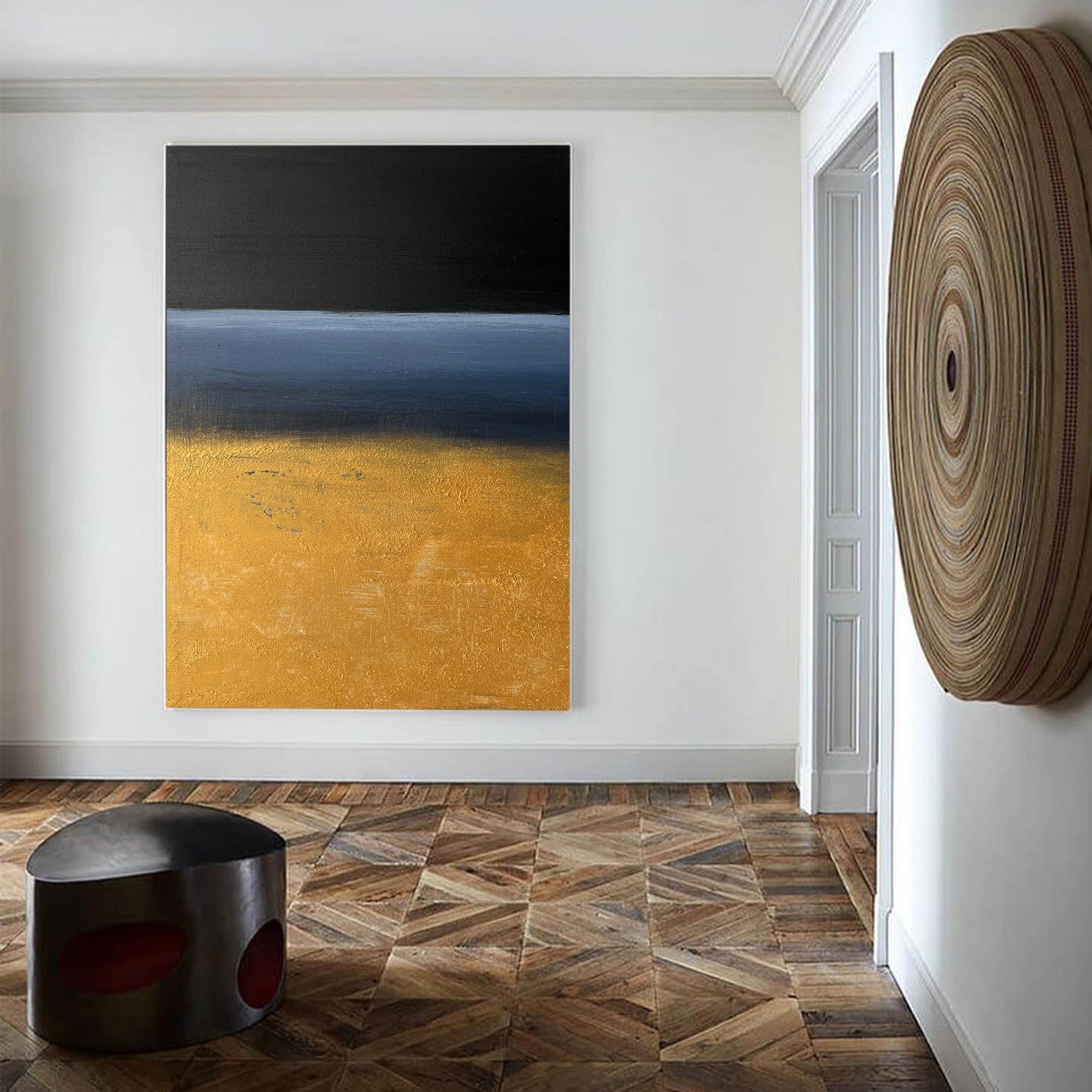 Gold Black Blue Abstract Wall Art Vertical