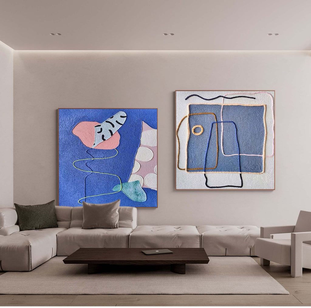 Set of 2 Textured Fiber Art Blue Pink Wall Art