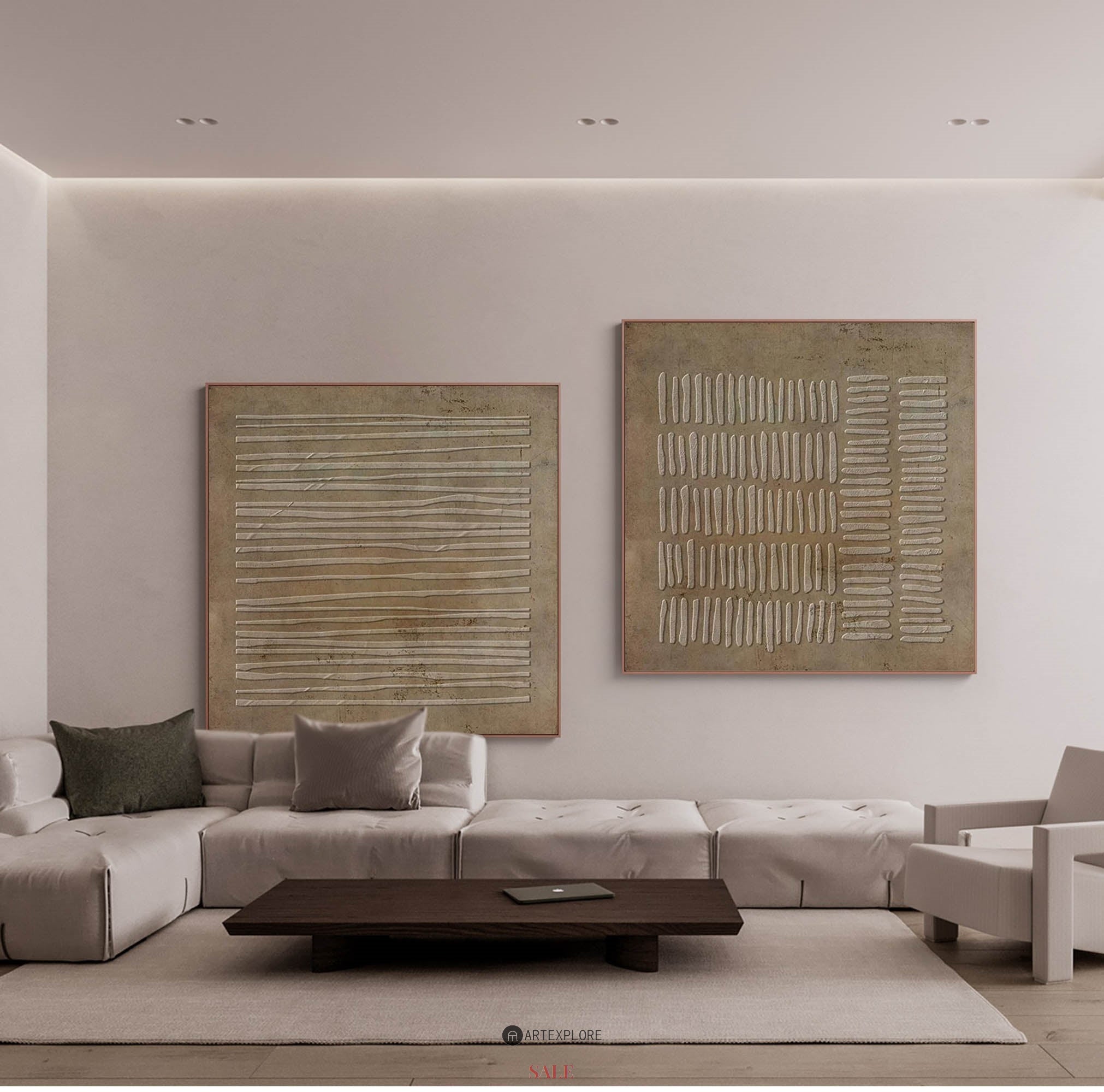 Earthy Linear Textured Relief Diptych Wall Art Set