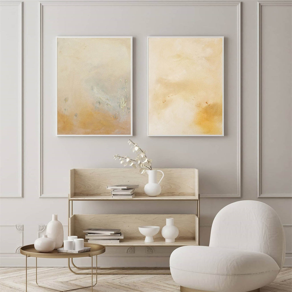 Minimalist Diptych Wall Art Warm Neutrals Gold Leaf