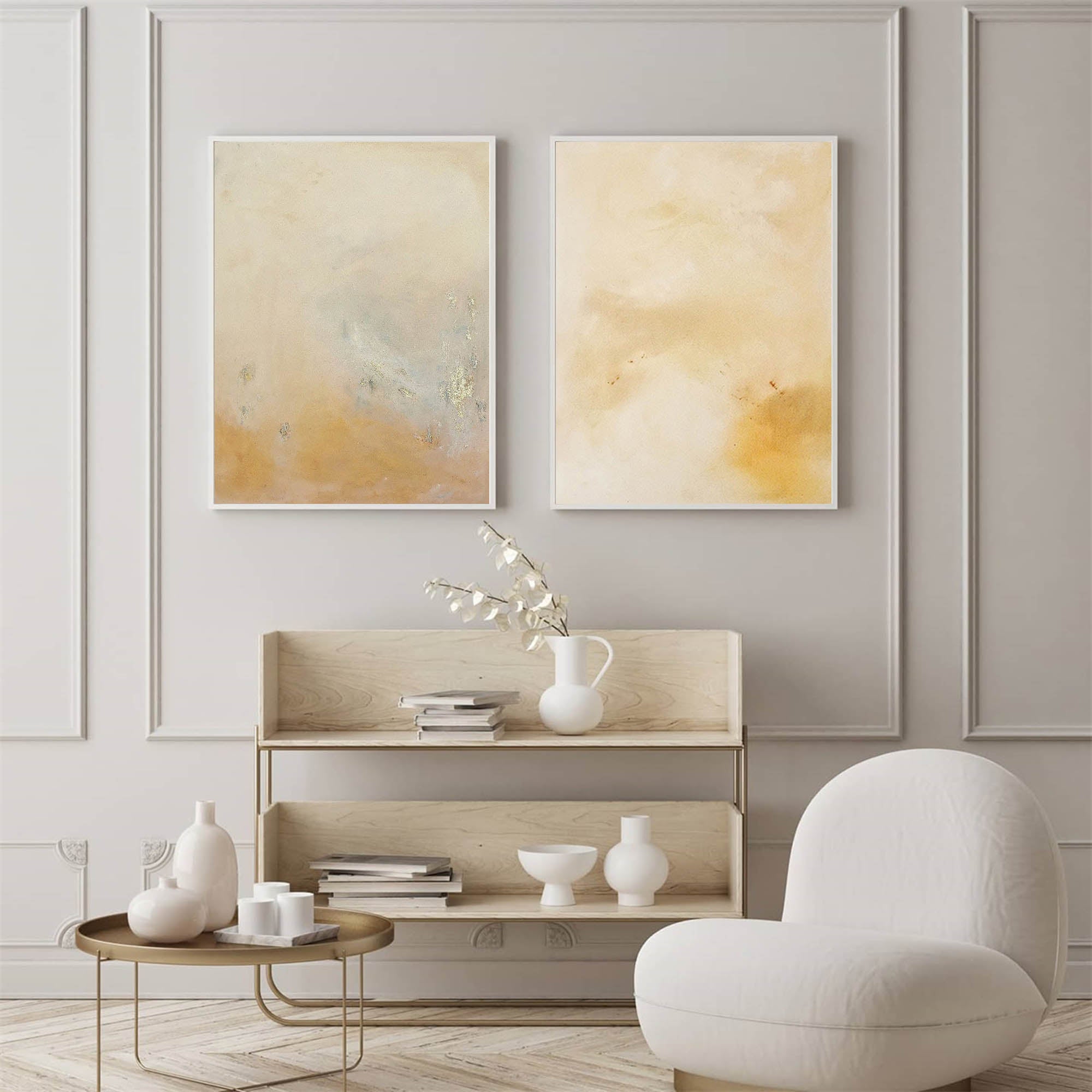 Minimalist Diptych Wall Art Warm Neutrals Gold Leaf