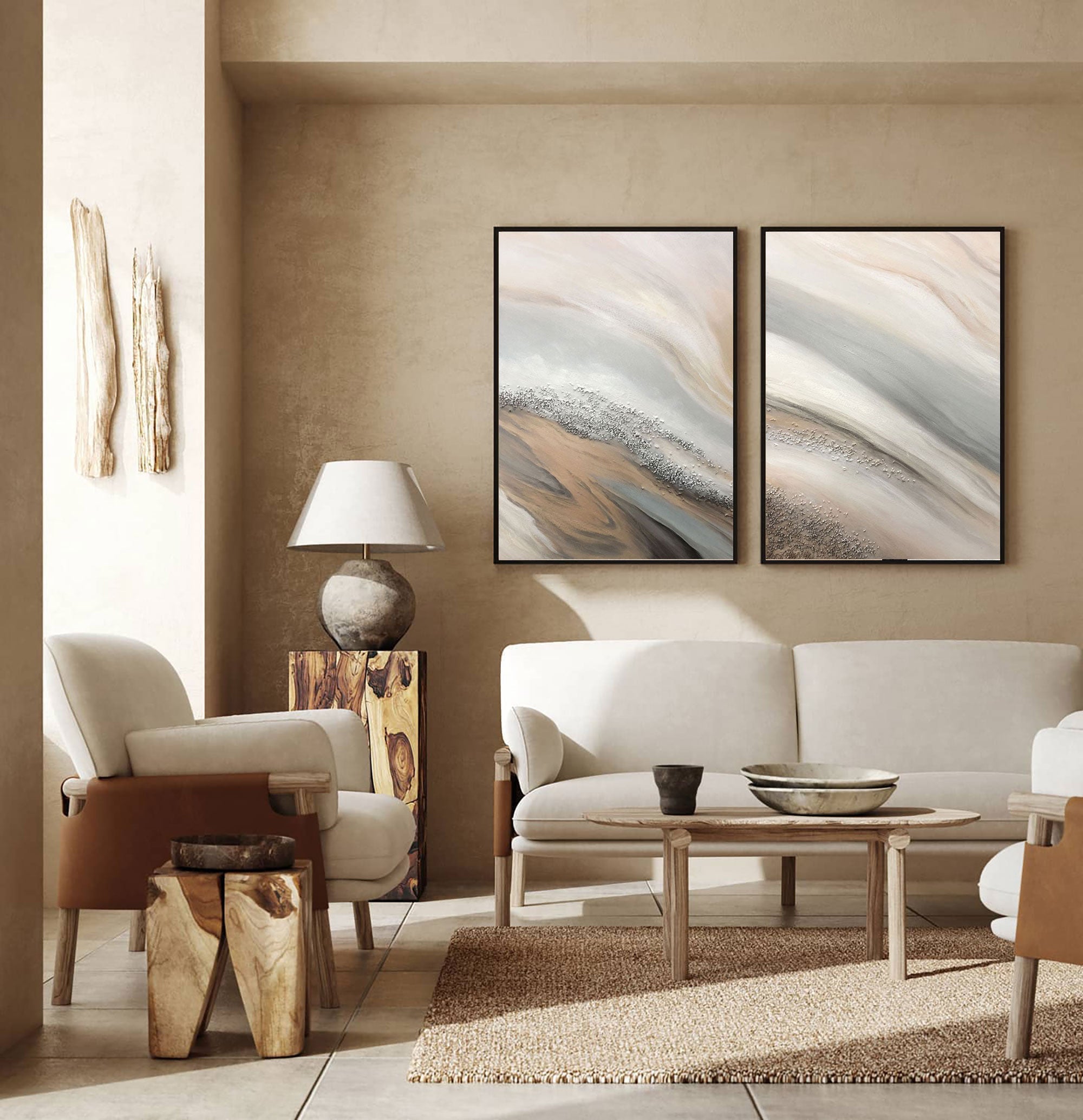 Textured Coastal Dunes Diptych Painting
