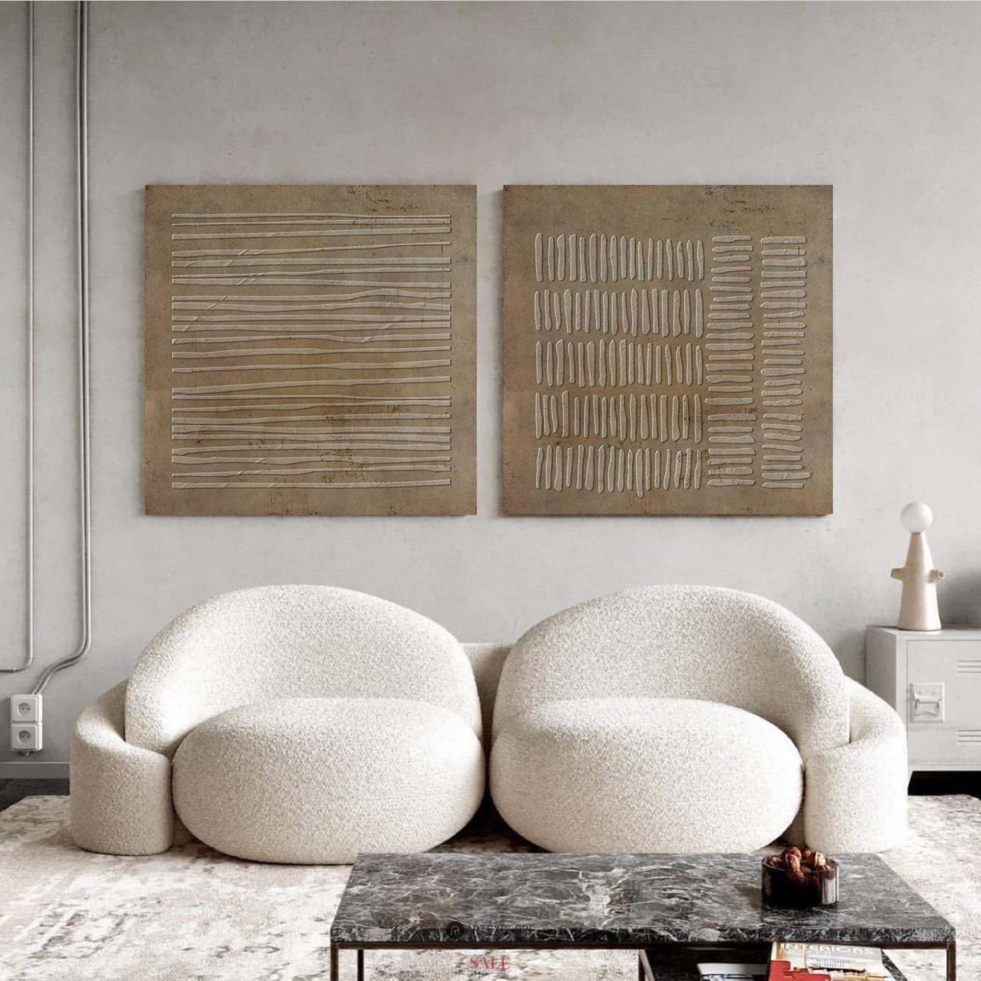 Earthy Linear Textured Relief Diptych Wall Art Set
