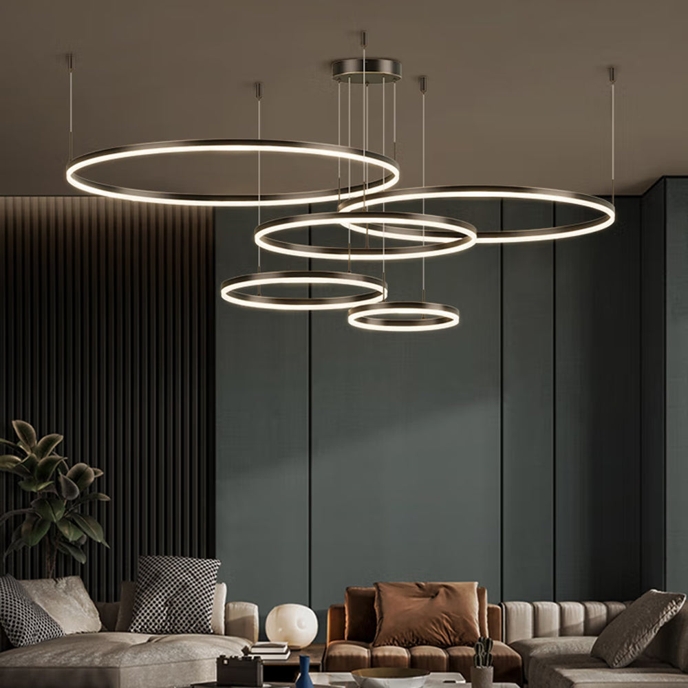 Remi Pendant Light Ring Modern Metal Living Room - Cadre Black - 40 60 80 60 40 Cm 5 Anneaux - Cool White Without Télécommande