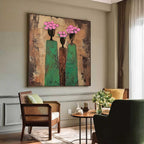 Three Vase Floral Oil Painting Green Pink