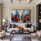 Vibrant City Skyline Reflection Abstract Painting