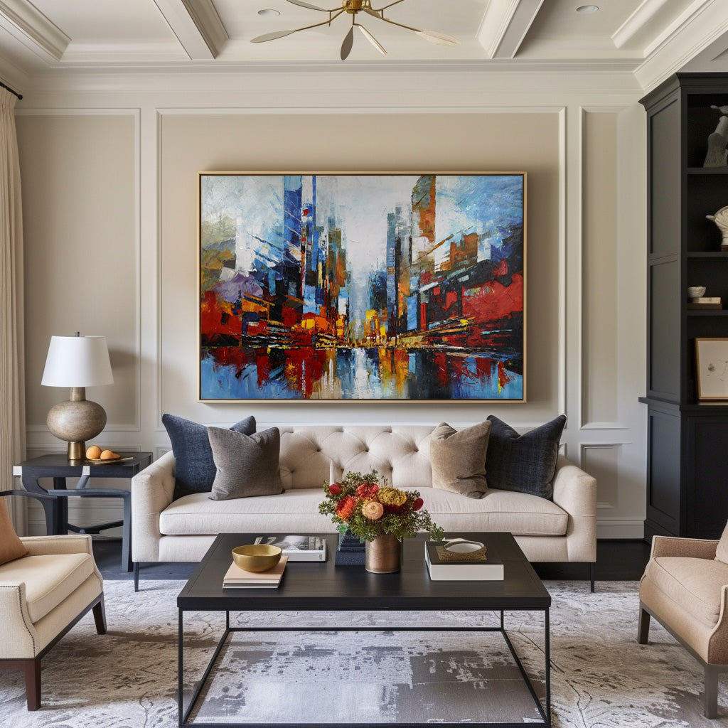 Vibrant City Skyline Reflection Abstract Painting