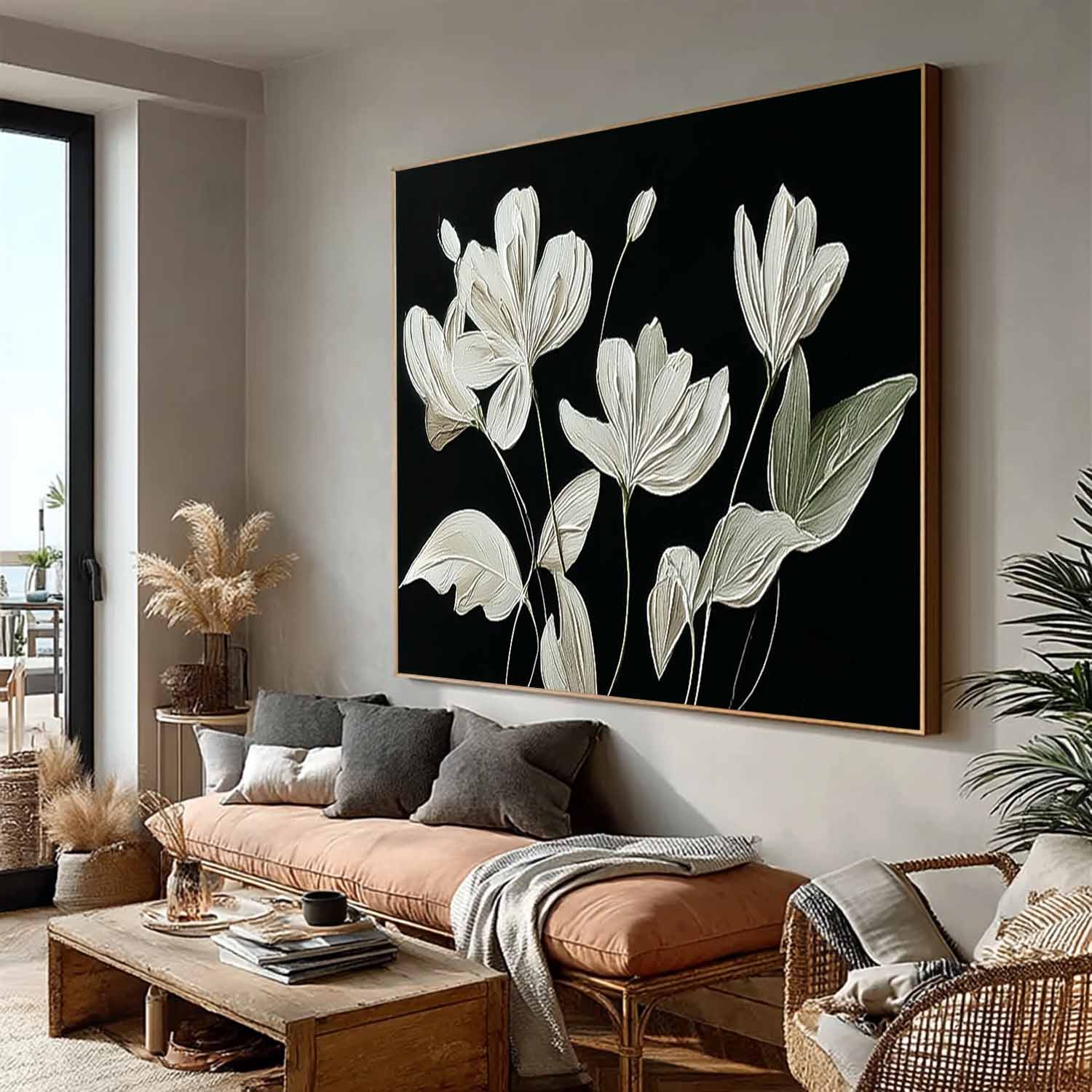 Contrast Floral Impasto Oil Painting White On Black