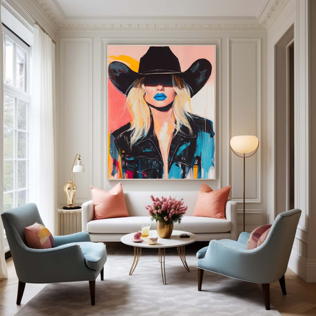 Blue Lip Cowgirl Pop Art Portrait Bold Colorful